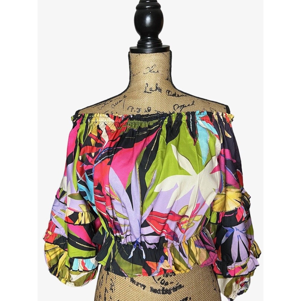 RACHEL ZOE PINK PURPLE OFF SHOULDER CROPPED RUFFLED FLORAL TOP BLOUSE SMALL S